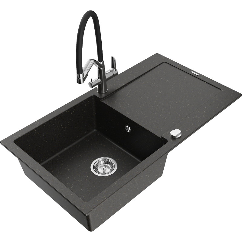 Mexen Leo granite kitchen sink 1-bowl with drainer and Duo kitchen faucet, black/gold metallic - 6501-75-671701-07