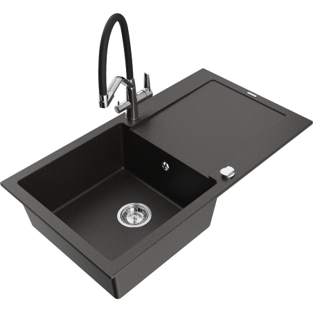 Mexen Leo granite kitchen sink 1-bowl with drainer and Duo kitchen faucet, black/gold metallic - 6501-75-671701-07