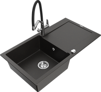 Mexen Leo granit sink 1-chamber with drainer and Duo kitchen faucet, black/gold metallic - 6501-75-671701-07