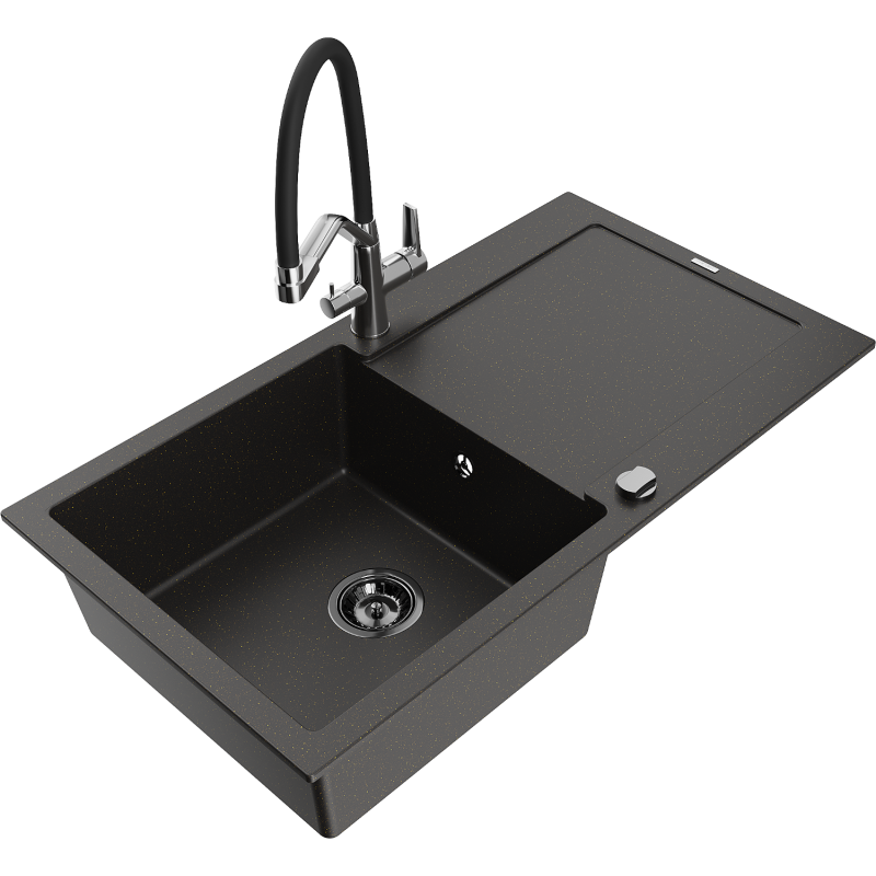 Mexen Leo 1-compartment granite sink with a drip tray and kitchen mixer tap Duo, Black/Gold metallic - 6501-75-671701-07-B