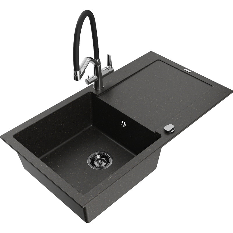 Mexen Leo granite sink with 1 bowl, drainer, and Duo kitchen faucet, black/gold metallic - 6501-75-671701-07-B