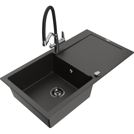 Mexen Leo 1-bowl granite sink with drainer and Duo kitchen faucet, black/gold metallic - 6501-75-671701-07-B