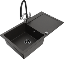 Mexen Leo 1-bowl granite sink with drainer and Duo kitchen faucet, black/gold metallic - 6501-75-671701-07-B