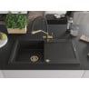 Mexen Leo granite kitchen sink, 1-bowl with drainer and Duo kitchen tap, black/gold metallic - 6501-75-671701-57-G