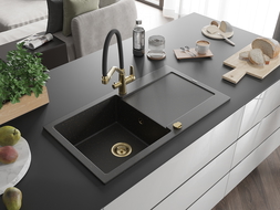 Mexen Leo granite kitchen sink, 1-bowl with drainer and Duo kitchen tap, black/gold metallic - 6501-75-671701-57-G