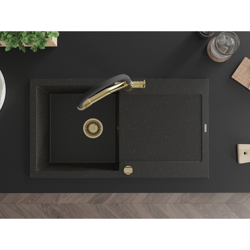 Mexen Leo 1-bowl Granite Sink with Drainer and Duo Kitchen Faucet, Black/Gold Metallic - 6501-75-671701-57-G