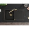 Mexen Leo granite kitchen sink, 1-bowl with drainer and Duo kitchen tap, black/gold metallic - 6501-75-671701-57-G