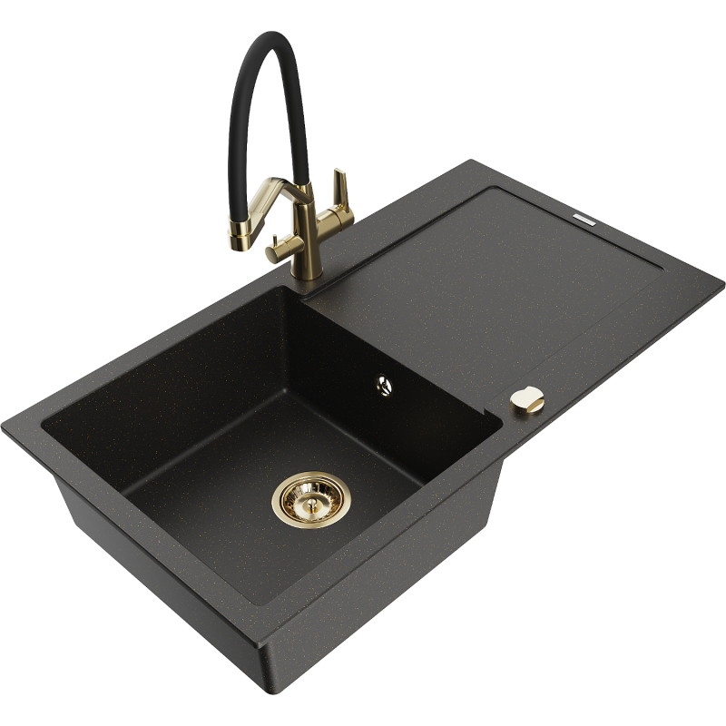 Mexen Leo 1-bowl Granite Sink with Drainer and Duo Kitchen Faucet, Black/Gold Metallic - 6501-75-671701-57-G