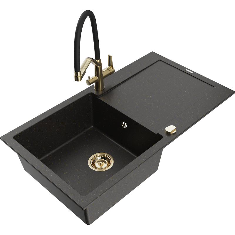 Mexen Leo 1-compartment granite sink with a drip tray and kitchen mixer tap Duo, Black/Gold metallic - 6501-75-671701-57-G