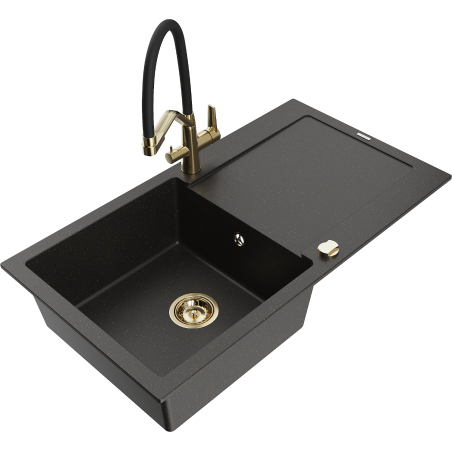 Mexen Leo 1-compartment granite sink with a drip tray and kitchen mixer tap Duo, Black/Gold metallic - 6501-75-671701-57-G