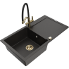 Mexen Leo 1-compartment granite sink with a drip tray and kitchen mixer tap Duo, Black/Gold metallic - 6501-75-671701-57-G