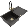 Mexen Leo granite kitchen sink, 1-bowl with drainer and Duo kitchen tap, black/gold metallic - 6501-75-671701-57-G