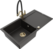 Mexen Leo granite kitchen sink, 1-bowl with drainer and Duo kitchen tap, black/gold metallic - 6501-75-671701-57-G