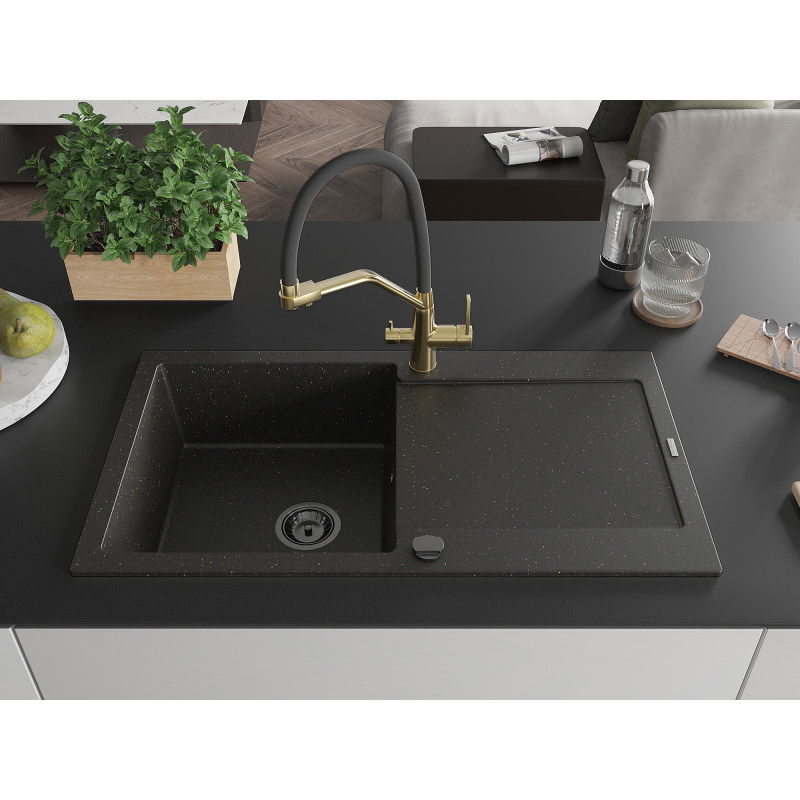 Mexen Leo 1-bowl granite kitchen sink with drainer and Duo tap, black/gold metallic - 6501-75-671701-57-B