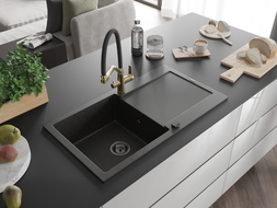 Mexen Leo granite kitchen sink 1-bowl with drainer and Duo kitchen faucet, black/gold metallic - 6501-75-671701-57-B