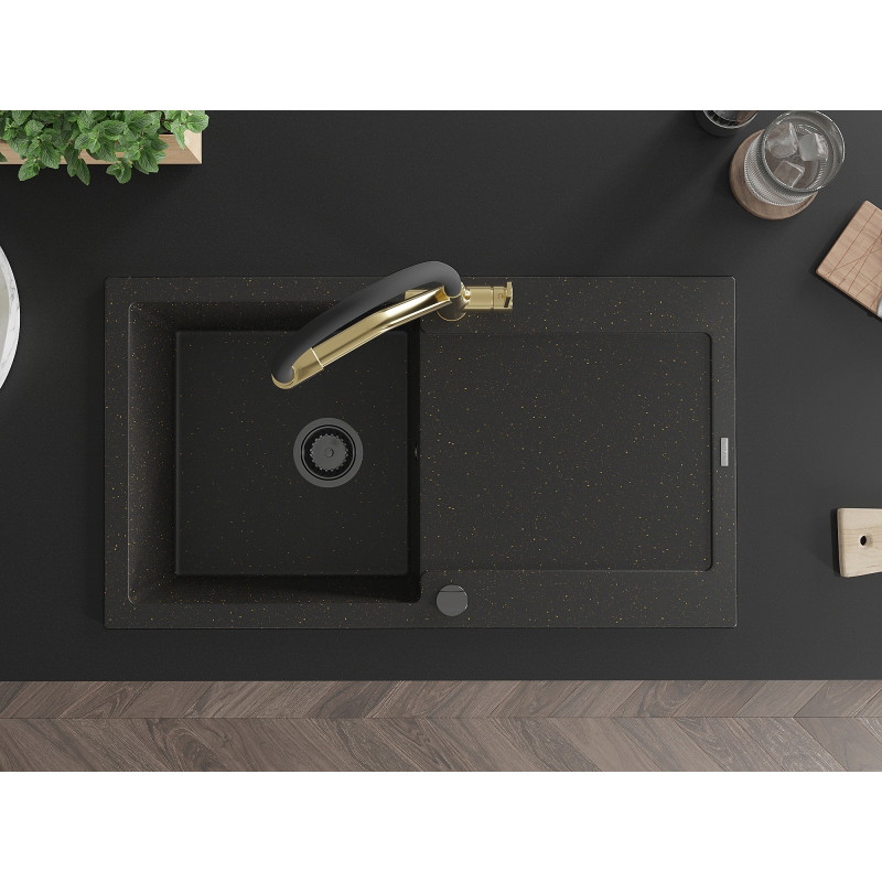 Mexen Leo granite kitchen sink 1-bowl with drainer and Duo kitchen faucet, black/gold metallic - 6501-75-671701-57-B