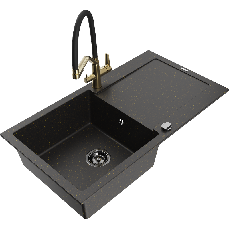 Mexen Leo 1-bowl granite kitchen sink with drainer and Duo tap, black/gold metallic - 6501-75-671701-57-B