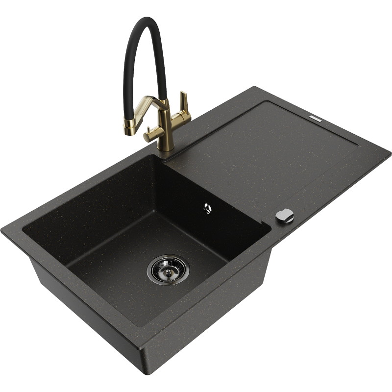 Mexen Leo granite kitchen sink 1-bowl with drainer and Duo kitchen faucet, black/gold metallic - 6501-75-671701-57-B