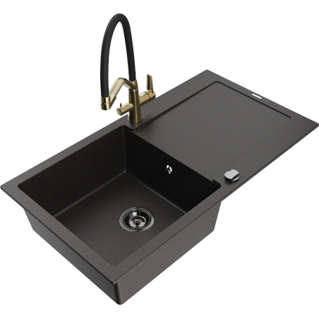 Mexen Leo 1-bowl granite kitchen sink with drainer and Duo tap, black/gold metallic - 6501-75-671701-57-B