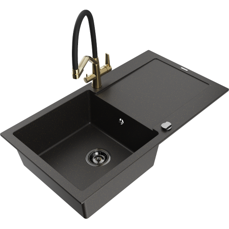 Mexen Leo granite kitchen sink 1-bowl with drainer and Duo kitchen faucet, black/gold metallic - 6501-75-671701-57-B