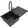 Mexen Leo granite kitchen sink 1-bowl with drainer and Duo kitchen faucet, black/gold metallic - 6501-75-671701-57-B