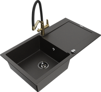 Mexen Leo granite kitchen sink 1-bowl with drainer and Duo kitchen faucet, black/gold metallic - 6501-75-671701-57-B