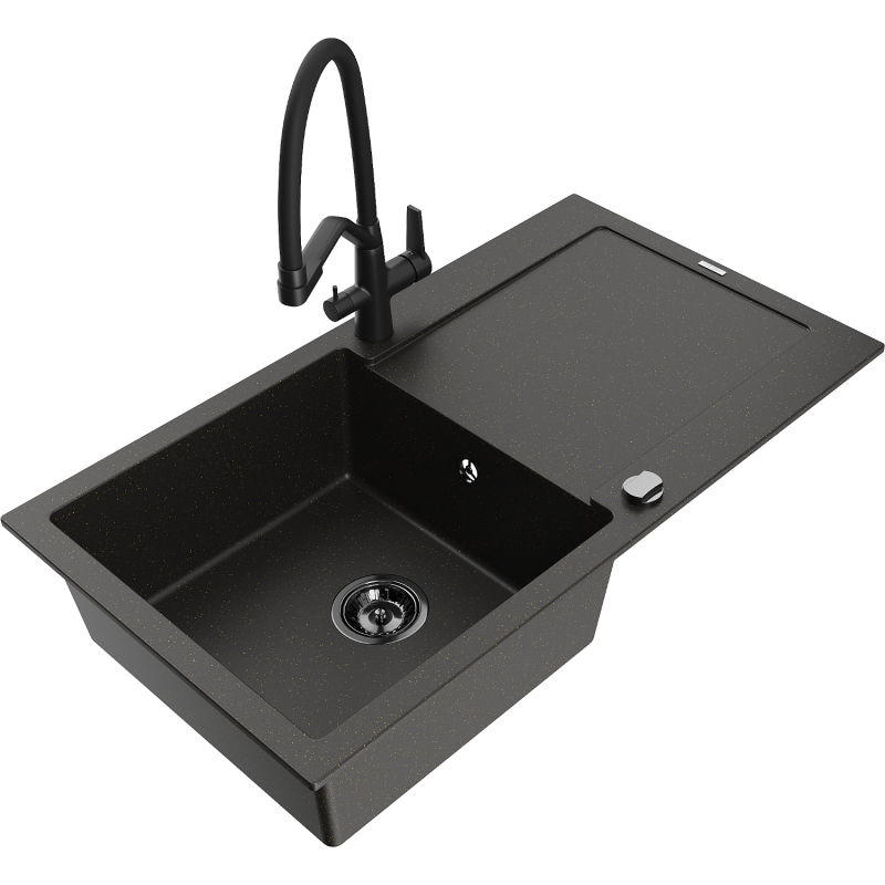 Mexen Leo 1-bowl granite kitchen sink with drainer and Duo tap, black/golden metallic - 6501-75-671701-70-B