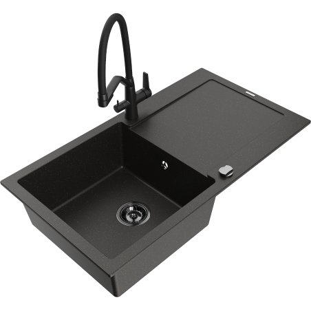 Mexen Leo 1-bowl granite kitchen sink with drainer and Duo tap, black/golden metallic - 6501-75-671701-70-B