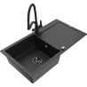 Mexen Leo granite sink single-bowl with drainer and Duo kitchen faucet, black/gold metallic - 6501-75-671701-70-B