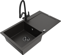 Mexen Leo granite sink single-bowl with drainer and Duo kitchen faucet, black/gold metallic - 6501-75-671701-70-B