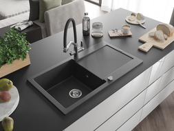 Mexen Leo 1-compartment granite sink with a drip tray and kitchen mixer tap Duo, spotted black - 6501-76-671701-07