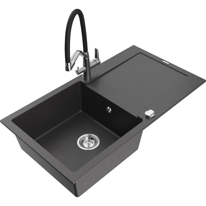 Mexen Leo 1-bowl granite sink with drainer and Duo kitchen faucet, speckled black - 6501-76-671701-07