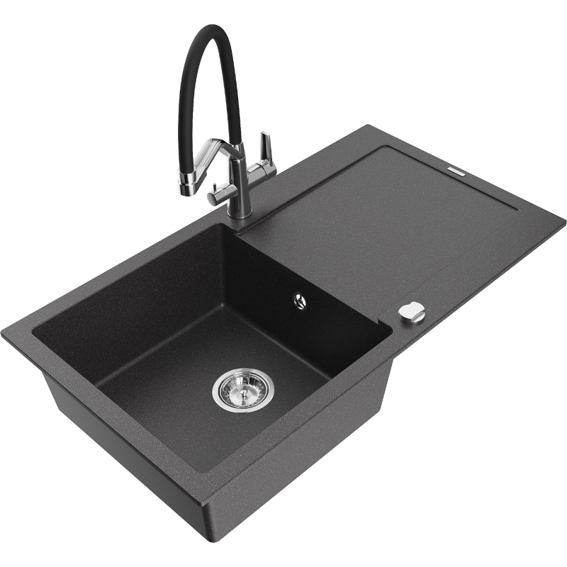 Mexen Leo 1-compartment granite sink with a drip tray and kitchen mixer tap Duo, spotted black - 6501-76-671701-07