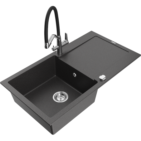 Mexen Leo 1-bowl granite sink with drainer and Duo kitchen tap, black speckled - 6501-76-671701-07