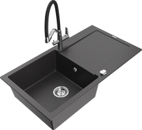 Mexen Leo 1-compartment granite sink with a drip tray and kitchen mixer tap Duo, spotted black - 6501-76-671701-07