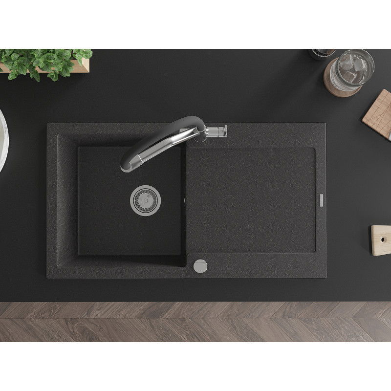 Mexen Leo 1-bowl granite sink with drainer and Duo kitchen tap, black speckled - 6501-76-671701-07
