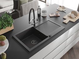 Mexen Leo 1-bowl granite sink with drainer and Duo kitchen faucet, speckled black - 6501-76-671701-07-B