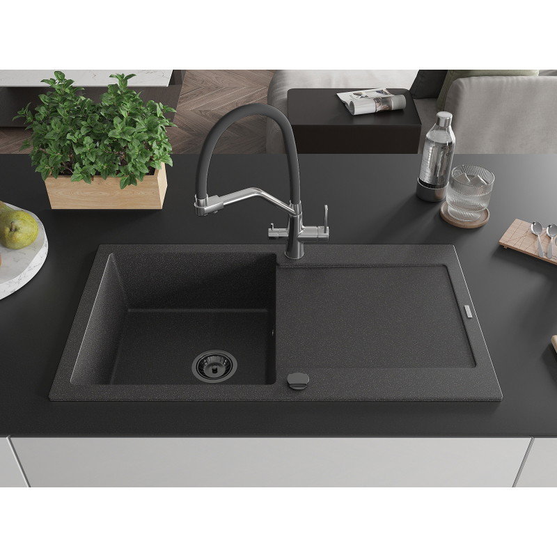 Mexen Leo 1-bowl granite sink with drainer and Duo kitchen faucet, speckled black - 6501-76-671701-07-B