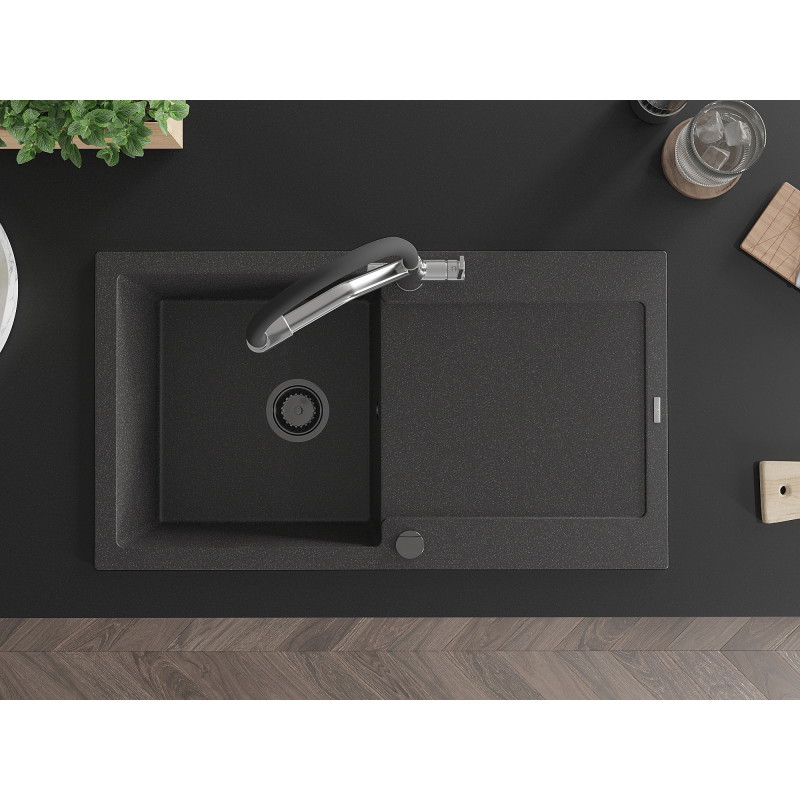 Mexen Leo 1-bowl granite sink with drainer and Duo kitchen faucet, speckled black - 6501-76-671701-07-B