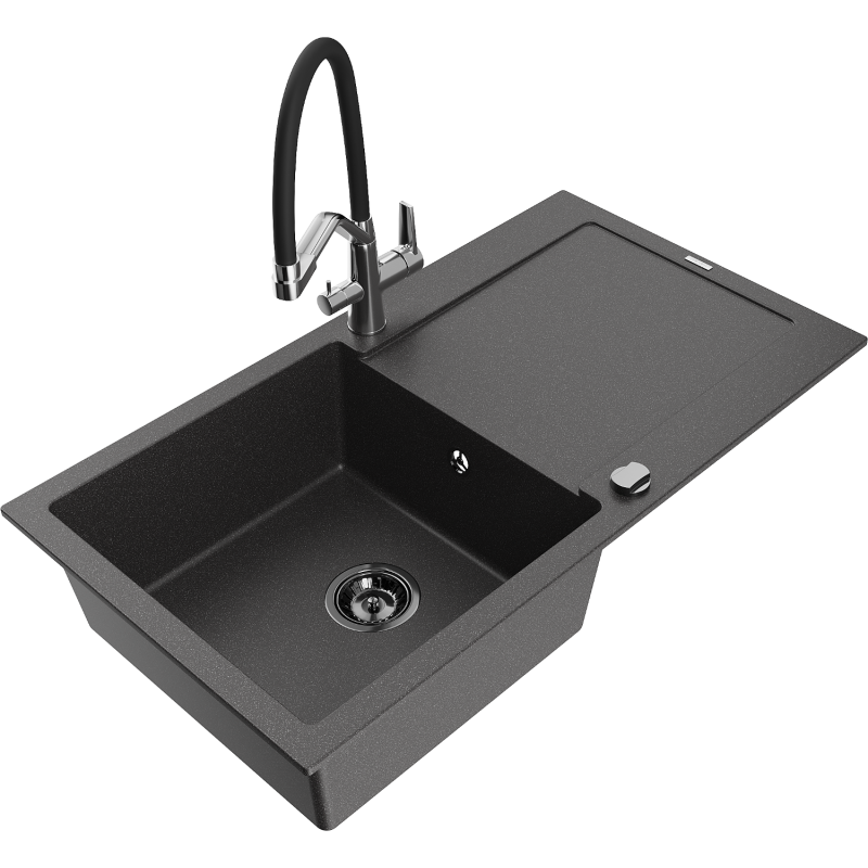 Mexen Leo 1-compartment granite sink with a drip tray and kitchen mixer tap Duo, spotted black - 6501-76-671701-07-B