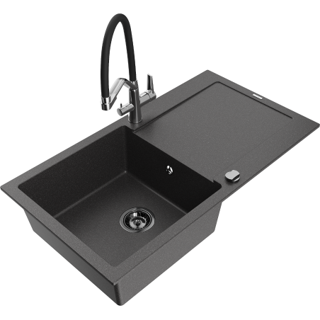 Mexen Leo 1-bowl granite sink with drainer and Duo kitchen faucet, speckled black - 6501-76-671701-07-B