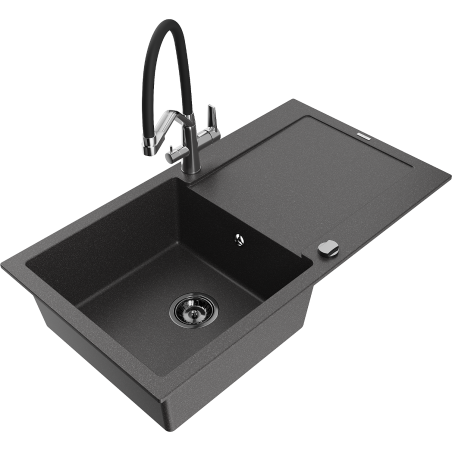 Mexen Leo 1-bowl granite sink with drainer and Duo kitchen tap, speckled black - 6501-76-671701-07-B