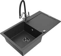 Mexen Leo 1-bowl granite sink with drainer and Duo kitchen faucet, speckled black - 6501-76-671701-07-B