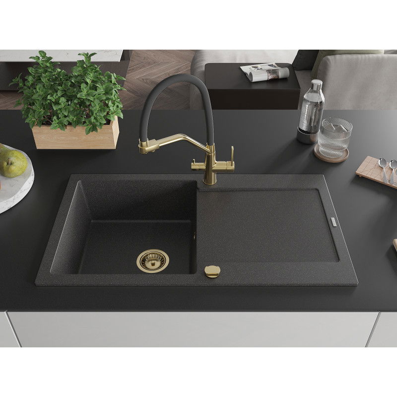 Mexen Leo 1-bowl granite sink with drainer and kitchen tap Duo, black speckled - 6501-76-671701-57-G