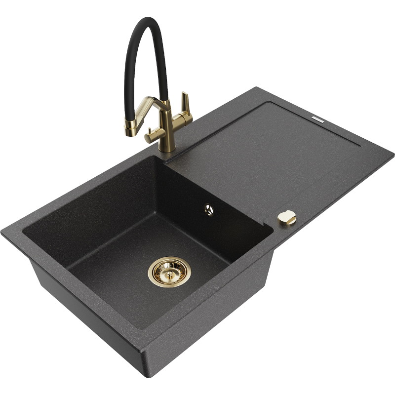 Mexen Leo 1-Bowl Granite Sink with Drainer and Duo Kitchen Faucet, Speckled Black - 6501-76-671701-57-G