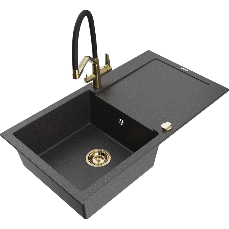 Mexen Leo 1-bowl granite sink with drainer and kitchen tap Duo, black speckled - 6501-76-671701-57-G