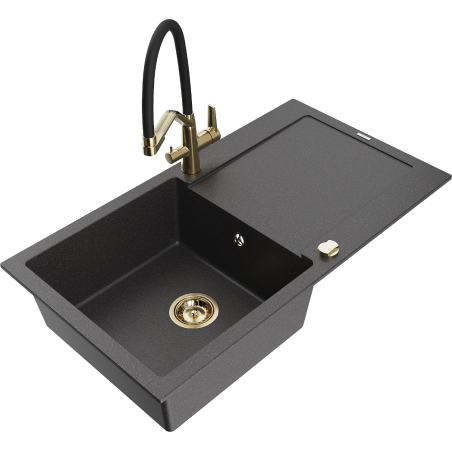 Mexen Leo 1-Bowl Granite Sink with Drainer and Duo Kitchen Faucet, Speckled Black - 6501-76-671701-57-G