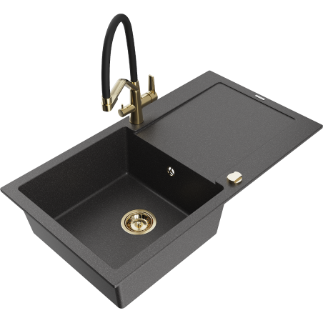 Mexen Leo 1-bowl granite sink with drainer and kitchen tap Duo, black speckled - 6501-76-671701-57-G