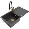 Mexen Leo 1-Bowl Granite Sink with Drainer and Duo Kitchen Faucet, Speckled Black - 6501-76-671701-57-G