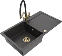 Mexen Leo 1-bowl granite sink with drainer and Duo kitchen faucet, speckled black - 6501-76-671701-57-G